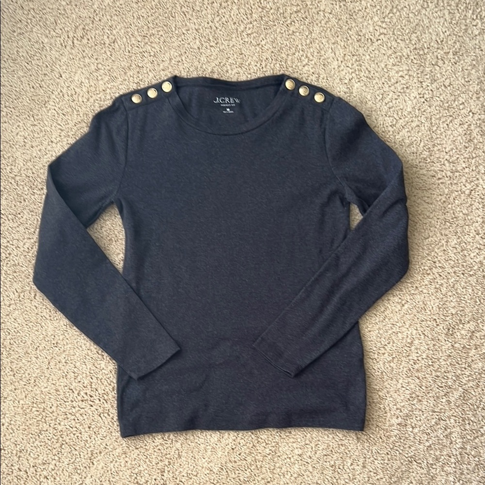 J. Crew Gray Crew Neck Top with Gold Botton